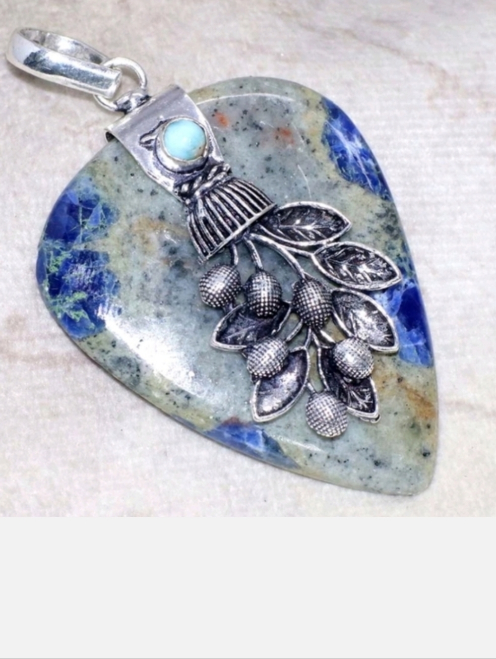 Sodalite, Larimar Gemstone Sterling Silver Handmade Leaf Cap Pendant Necklace